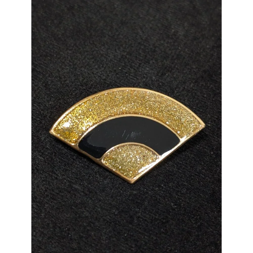 VTG Gold Tone‎ Glitter Black Enamel Art Deco Fan Curved Brooch pin